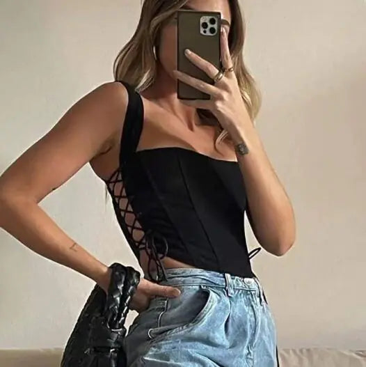Corset String Sleeveless Backless Top with Bones (One Piece)